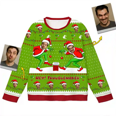 Custom Funny Christmas Ugly Sweater – “Hey! Troublemaker” Personalized Holiday Sweatshirt with Photo Face Design