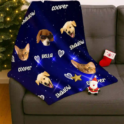 Custom Pet Photo Flannel Blanket – Personalized Dog & Cat Faces with Names, Cozy Starry Night Design