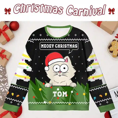 Customizable Cat Xmas Ugly Sweater – Cartoon Santa Cat Design with Personalized Name