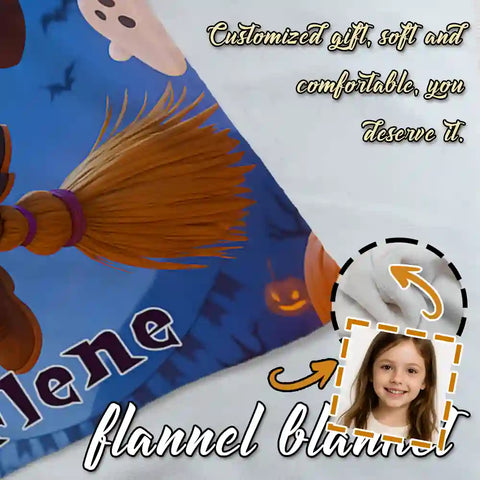 Custom Little Witch Kids Photo Blanket – Upload Child Portrait & Name