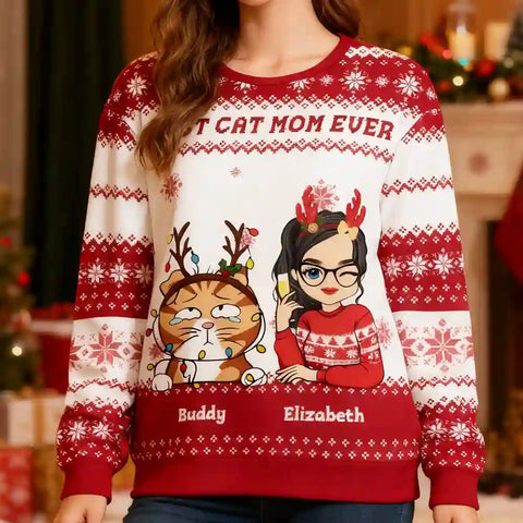 Best Cat Mom Ever Ugly Christmas Sweater – Personalized Cat Lover Holiday Sweatshirt with Custom Cartoon Design