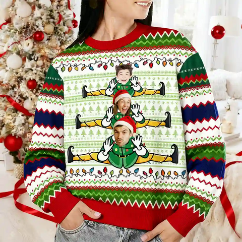 Personalized Elf Christmas Ugly Sweater – Upload Family Photos for a Hilarious Holiday Look