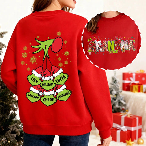Custom Grinch Reversible Christmas Sweatshirt with Grandchildren's Names