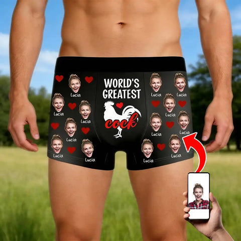 “World's Rreatest Rooster ” Custom Face Photo Boxer Briefs - A fun and personalized gift for your husband, boyfriend, or on Valentine's Day.