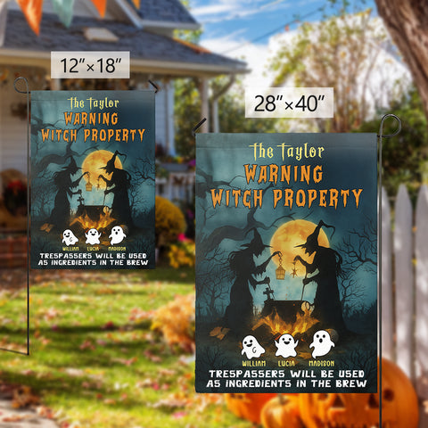 Personalized Halloween Flag – Witch & Cute Ghost Family Banner