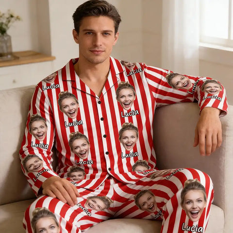 Personalized striped pajamas with custom photo portraits – a Valentine's Day gift for couples