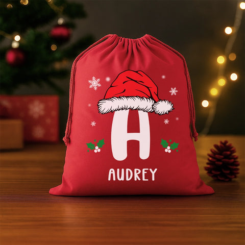 Personalized Christmas Gift Bag with Santa Hat Initial and Name