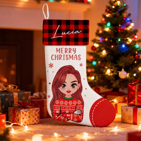 Custom Cartoon Girl Christmas Stocking – Personalized Name Design