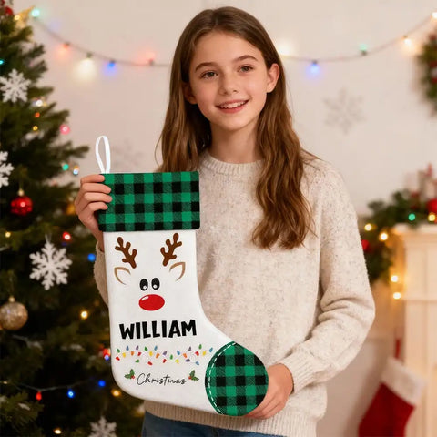 Personalized Reindeer Christmas Stocking with Name - Buffalo Plaid Style