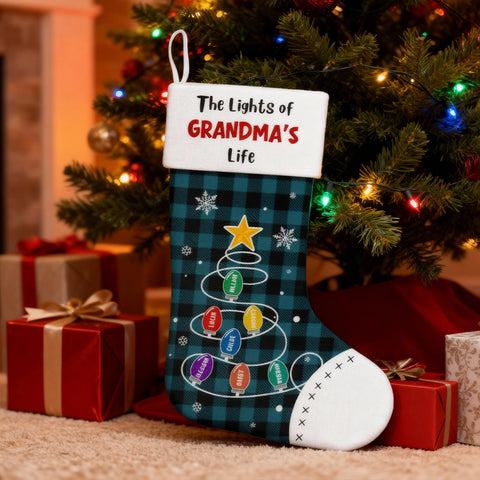 Customize "The Lights of Grandma's Life" Christmas stockings and edit your grandchildren's names on the lights