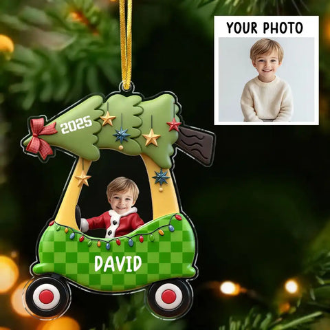 Customizable acrylic Christmas car decorations for children, with personalized photos printed on them.