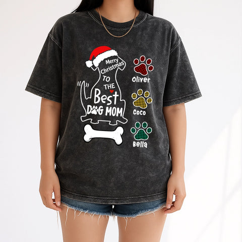 Personalized Best Dog Mom Christmas T-Shirt with Pet Names