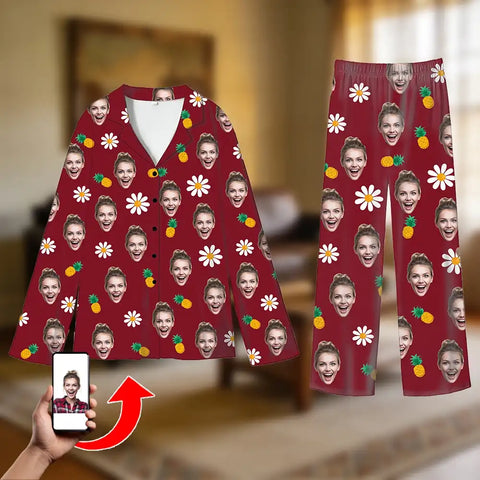Custom-made Valentine's Day pajamas for couples, featuring personalized face photos and fun accessory patterns.