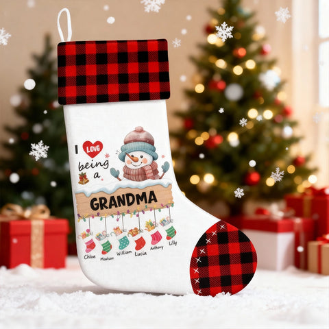 I Love Being a Grandma - Personalized Christmas Stockings with Grandchildren's Names - Snowman and Buffalo Plaid
