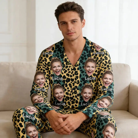 Personalized leopard print pajamas for couples, with customizable photos.