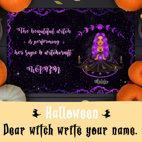 Personalized Halloween Witch Doormat – Custom Name & Hair