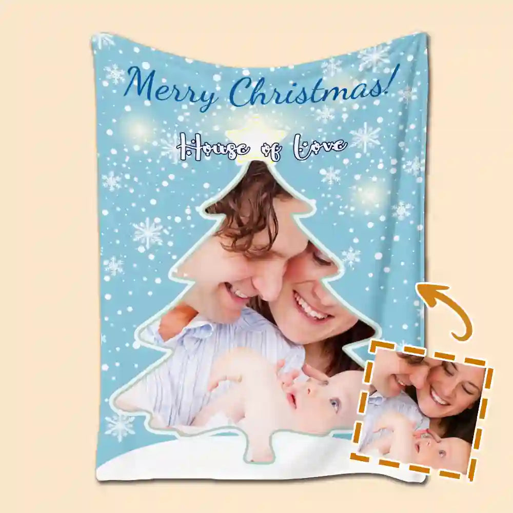 Custom Christmas Tree Photo Blanket – Personalized Gift for Mom & Grandma