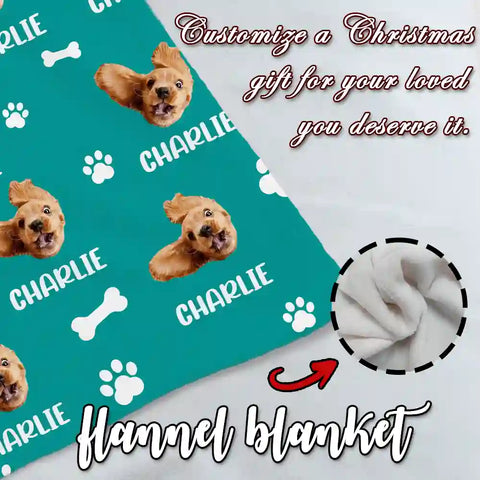 Custom Pet Photo & Name Blanket – Personalized Flannel Throw with Dog Face Pattern，Chrismas Gifts