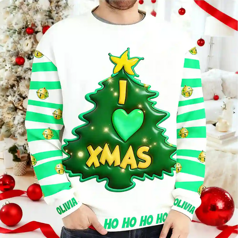 Custom Christmas Ugly Sweater – Personalized “I LOVE XMAS” Tree Design with Name