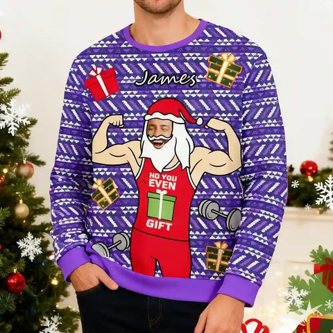 Custom Muscle Santa Christmas Ugly Sweater – Personalized Funny Holiday Sweatshirt with Photo