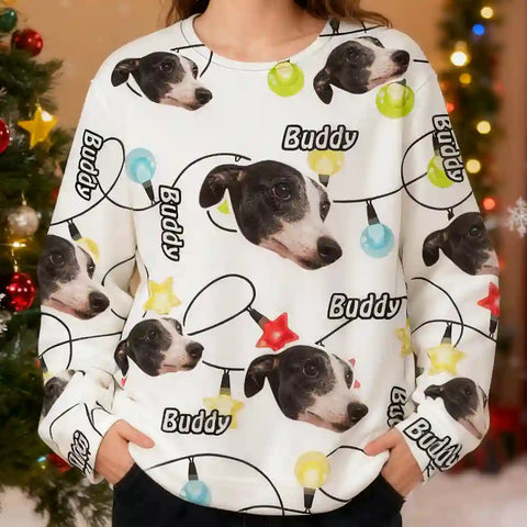 Unique Dog Lover Ugly Sweater – Pet Photo & Name with Bright Christmas Lights