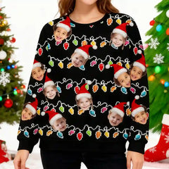 Custom Family Christmas Ugly Sweater – Personalized Holiday Sweatshirt with Colorful String Lights, Upload Family Photo with Santa Hats, Best Family Christmas Gift