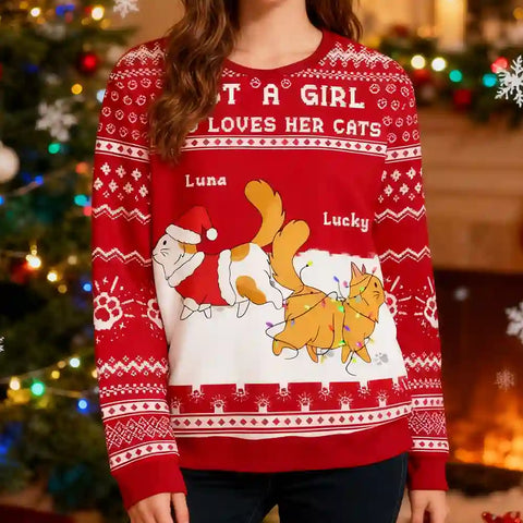 Just A Girl Who Loves Her Cats – Personalized Cat Lover Ugly Christmas Sweater