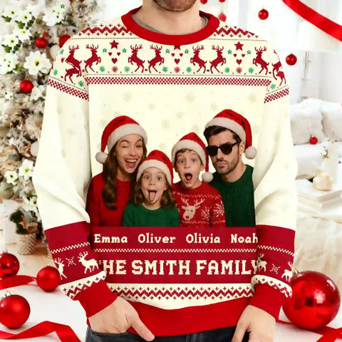 Custom Family Christmas Ugly Sweater – Personalized Holiday Sweatshirt with Funny Faces & Names