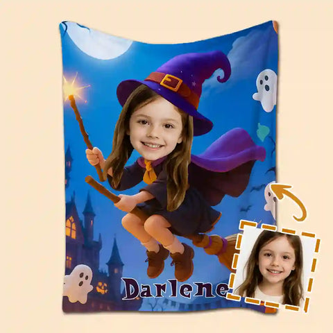 Custom Little Witch Kids Photo Blanket – Upload Child Portrait & Name