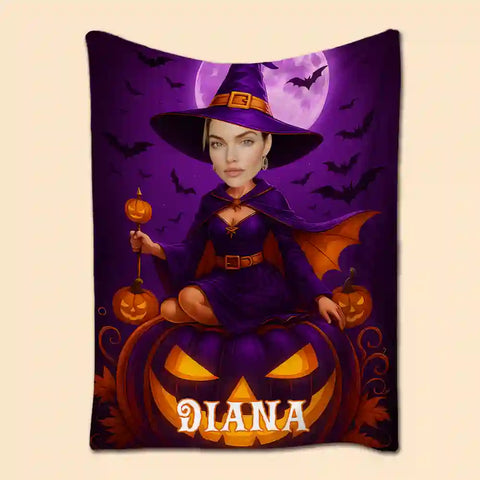 Custom Witch Queen Pumpkin Throne Photo Blanket – Personalized Portrait Flannel
