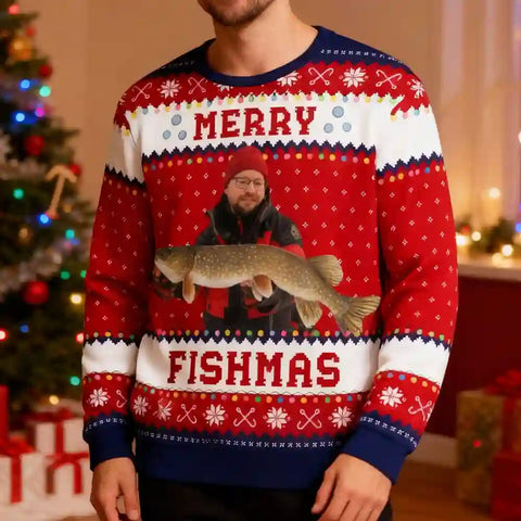 Custom Fishing Christmas Ugly Sweater – Personalized Holiday Sweatshirt with Photo, Best Gift for Fishing Lovers