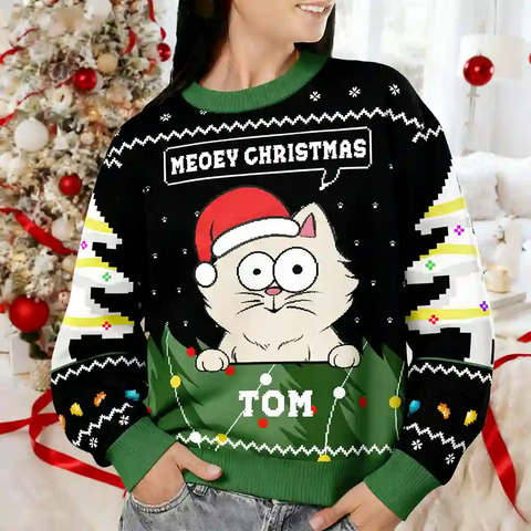 Customizable Cat Xmas Ugly Sweater – Cartoon Santa Cat Design with Personalized Name