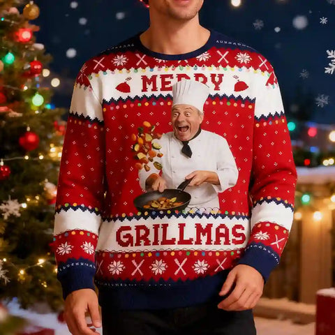 Custom Chef Christmas Ugly Sweater – Personalized Holiday Sweatshirt with Photo, Best Gift for Food Lovers