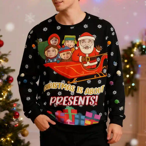 Custom Funny Santa Christmas Ugly Sweater – Personalized Holiday Sweatshirt with Kids’ Faces, Upload Photo, Unique Christmas Gift