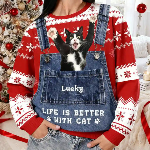 Custom Pet Christmas Ugly Sweater – Personalized “Life Is Better With Dog/Cat” Holiday Sweatshirt with Photo & Name