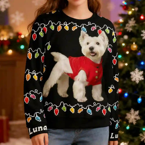Custom Dog Christmas Ugly Sweater – Personalized Holiday Sweatshirt with String Lights, Upload Your Pet Photo, Celebrate Christmas Together