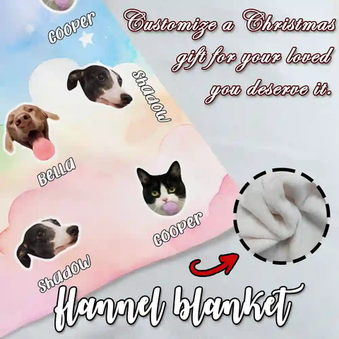 Custom Pet Photo Flannel Blanket – Personalized Dog & Cat Faces with Names, Dreamy Cloud & Star Design
