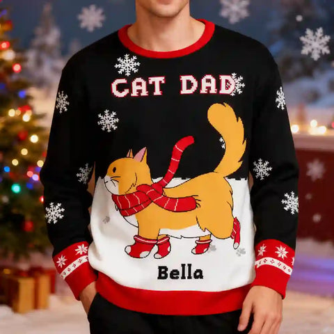 Custom Cat Christmas Ugly Sweater – Walking in the Snow, Gift for Pet Moms & Dads