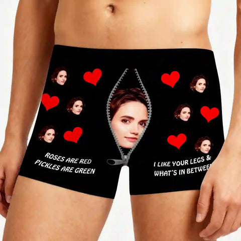 Funny Custom Face Boxer Briefs – “Roses Are Red, Pickles Are Green” Personalized Underwear Gift for Boyfriend or Husband