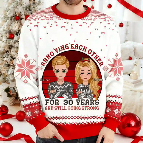Personalized Christmas Ugly Sweater – Cute Cartoon Couple Anniversary Design