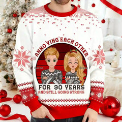 Personalized Christmas Ugly Sweater – Cute Cartoon Couple Anniversary Design