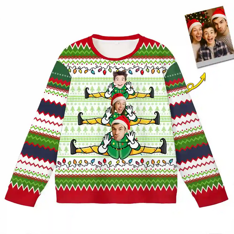 Personalized Elf Christmas Ugly Sweater – Upload Family Photos for a Hilarious Holiday Look
