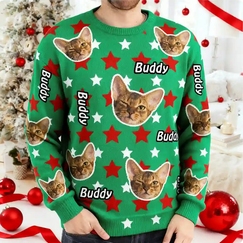Personalized Pet Christmas Sweater – Custom Cat Face & Name Festive Design
