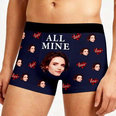 Personalized “All Mine” Photo Boxer Briefs – Custom Face Underwear, Valentine’s Day & Anniversary Gift for Him