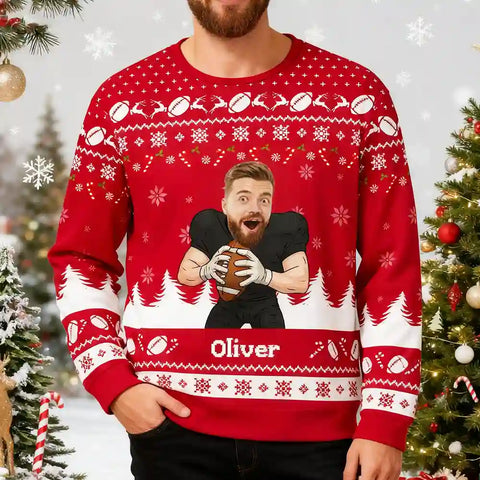 Funny Football Fan Ugly Christmas Sweater – Personalized Face & Name Holiday Sweatshirt