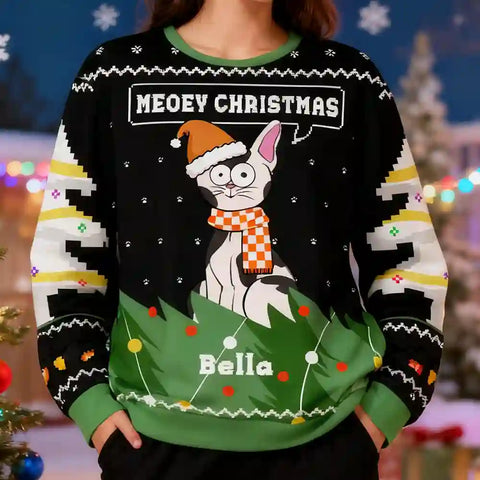 Custom Cat Christmas Ugly Sweater – Funny “Meowy Christmas” Holiday Sweatshirt with Pet Name