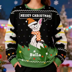 Custom Cat Christmas Ugly Sweater – Funny “Meowy Christmas” Holiday Sweatshirt with Pet Name