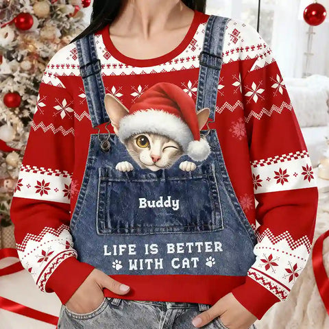 Custom Pet Christmas Ugly Sweater – Personalized Cat or Dog Design in Denim Overalls, “Life Is Better With Cat  And Dog” Festive Sweatshirt