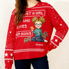 Custom Book Lover Ugly Christmas Sweater – Personalized Name Reading Girl Holiday Sweatshirt