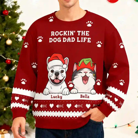 Custom “Rockin’ The Pet Parent Life” Ugly Christmas Sweater – Personalized Dog & Cat Face Holiday Sweatshirt, Funny Gift for Pet Moms & Dads